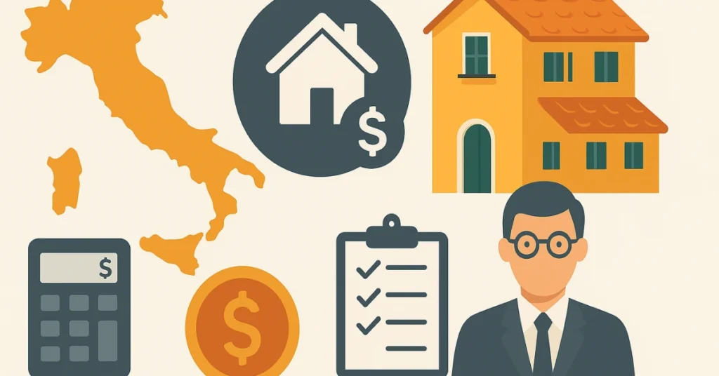 Infographic of Italy property management with house, map, calculator, and manager icons.