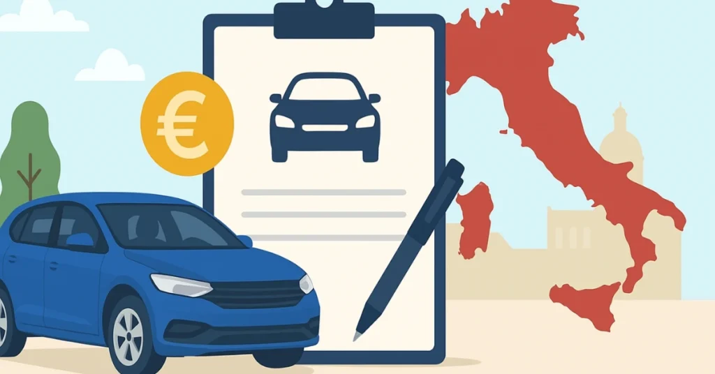Infographic showing leasing a car in Italy with map, car, and contract icons
