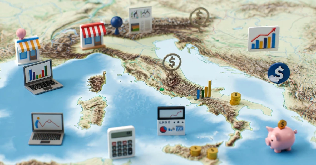 Italy map with business icons for ATECO code Italy