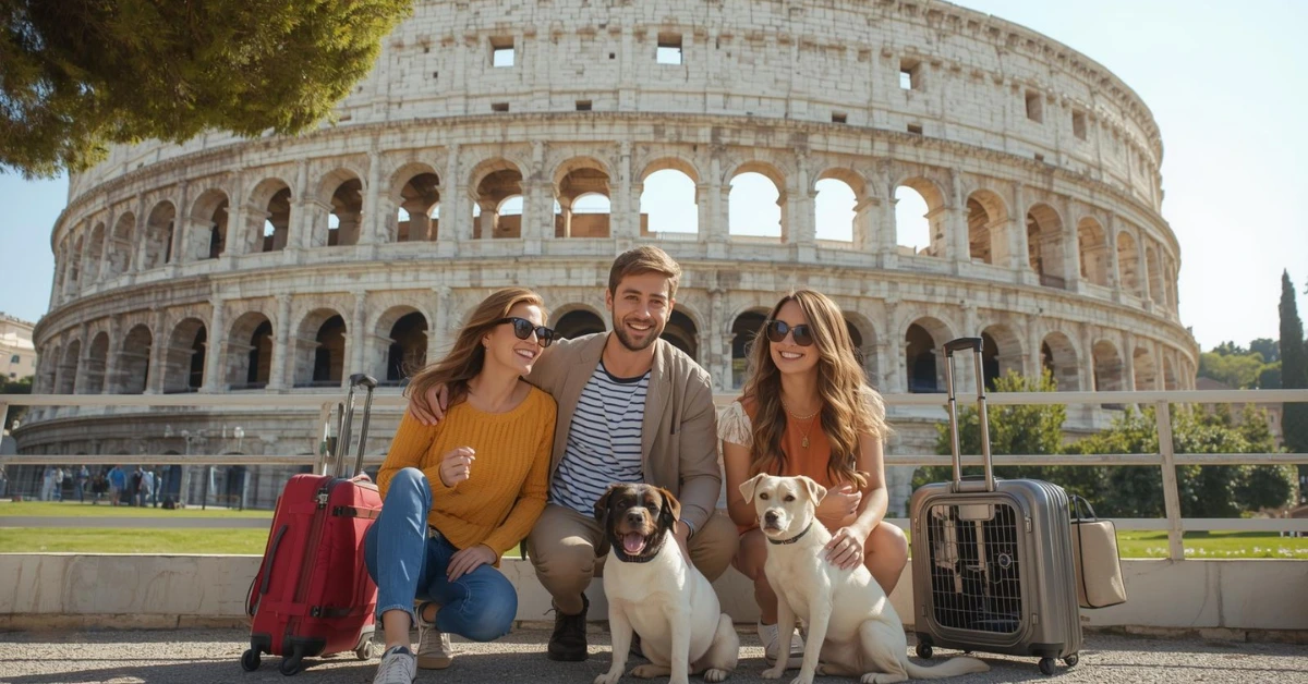 Happy family with dogs and cats traveling to Italy with pet carriers, suitcases, and Italian landmarks