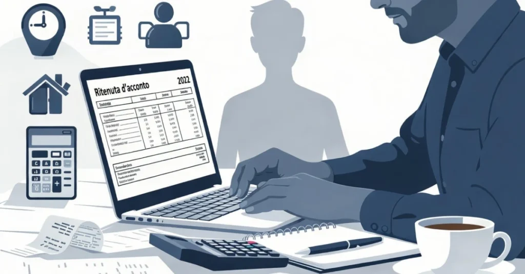 Freelancer calculating ritenuta d’acconto Italy on a laptop with receipts