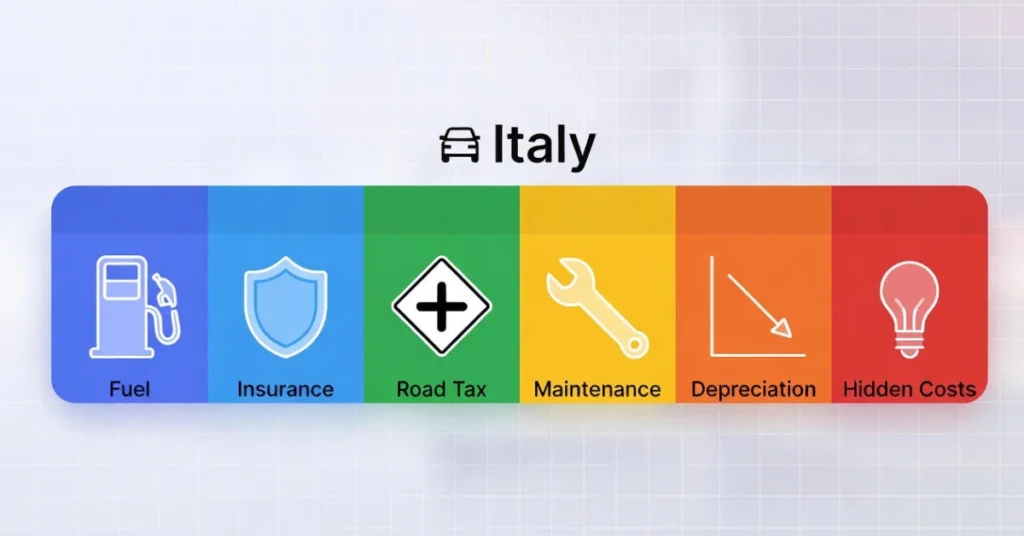 Infographic of fuel, tax, insurance, and maintenance costs of owning a car in Italy