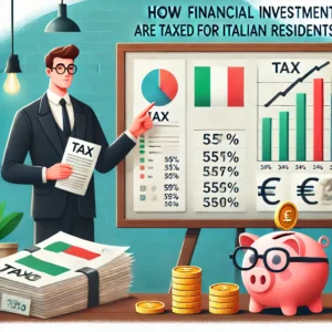 Illustration of a financial advisor explaining how investments are taxed in Italy, with charts, graphs, tax percentages, and symbols for euros and financial growth.
