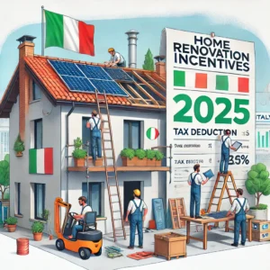 Workers renovating an Italian home with solar panels and eco-friendly upgrades under a large banner promoting 2025 home renovation tax incentives.