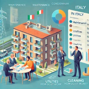 Illustration of an Italian condominium with people discussing maintenance and utilities costs, accompanied by charts explaining how shared expenses like cleaning and energy work.