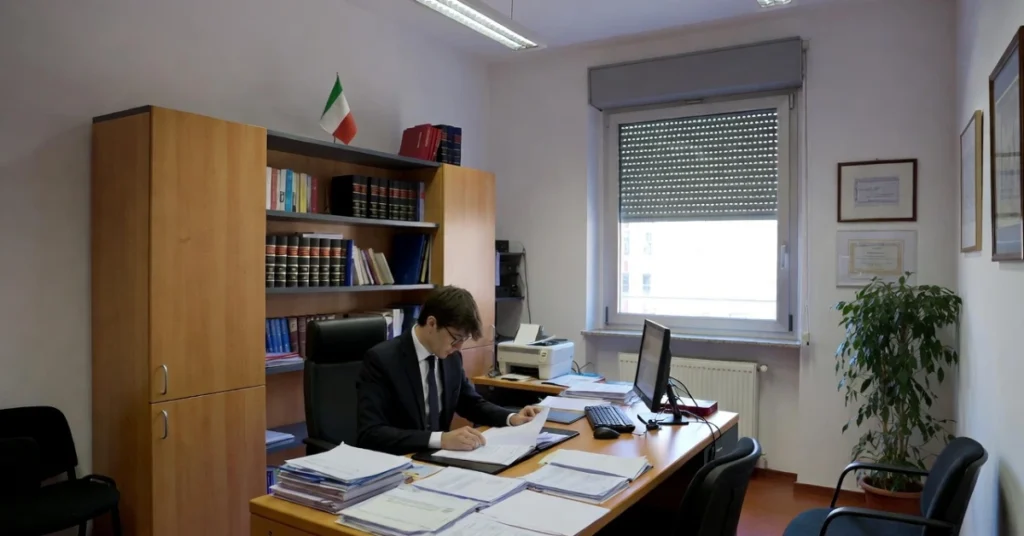 Professional notary reviewing documents for a donation in Italy, showing legal and tax obligations.