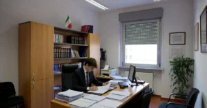 Professional notary reviewing documents for a donation in Italy, showing legal and tax obligations.