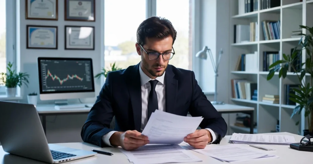 Investor reviewing documents for due diligence in buying an Italian company