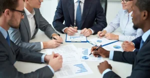 Boardroom meeting illustrating due diligence in mergers and acquisitions in Italy