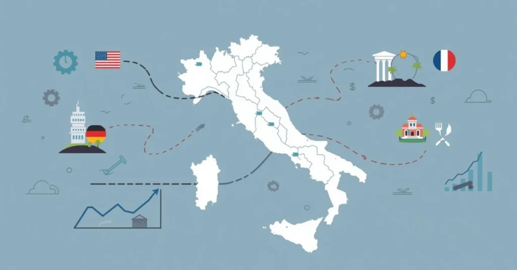 Map of Italy showing foreign investments in major sectors like manufacturing, tourism, and real estate
