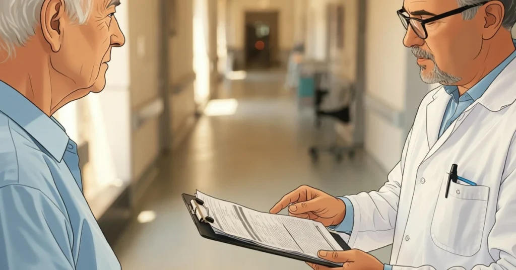 Healthcare consultation illustrating the referring doctor in Italy explaining referrals to a patient in a clinic