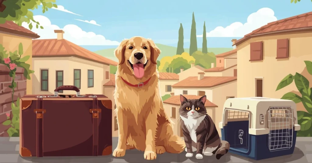 Dog and cat with suitcase and pet carrier in front of an Italian landmark, representing bringing pets to Italy