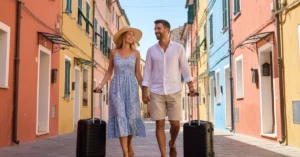 Couple with suitcases walking in Italy, moving to Italy from Canada