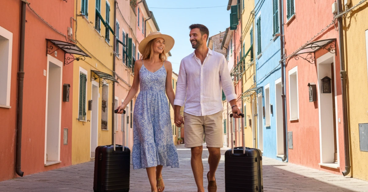 Couple with suitcases walking in Italy, moving to Italy from Canada