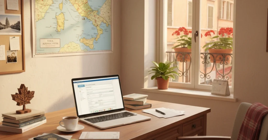 Workspace with travel documents and laptop, moving to Italy from Canada