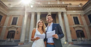 Couple outside Italian city hall for Residence Permit for Cohabitation