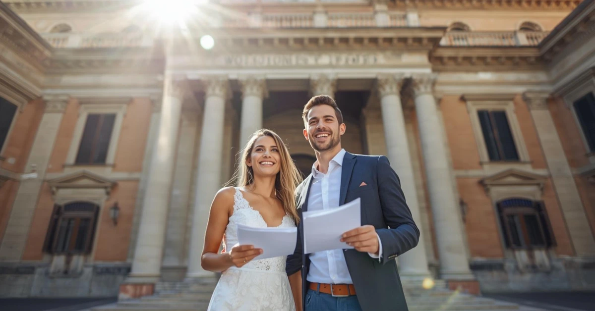 Couple outside Italian city hall with documents