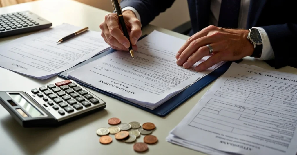 Close-up of signing a notarial deed for a donation in Italy, illustrating taxes, costs, and inheritance planning.
