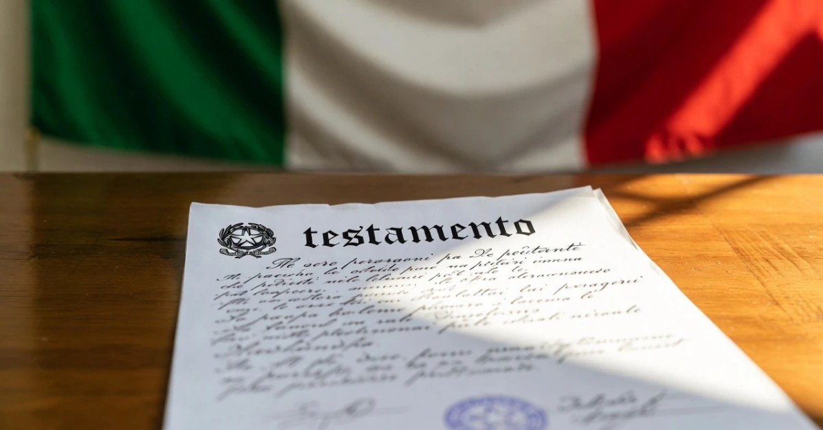 Legal documents for writing a will in Italy with Italian flag background