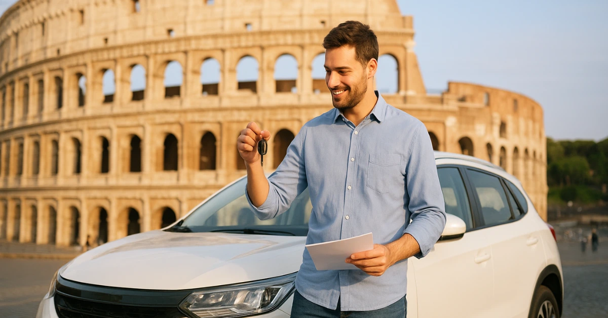 Tourist holding car keys near the Colosseum, representing leasing a car in Italy for travel convenience.